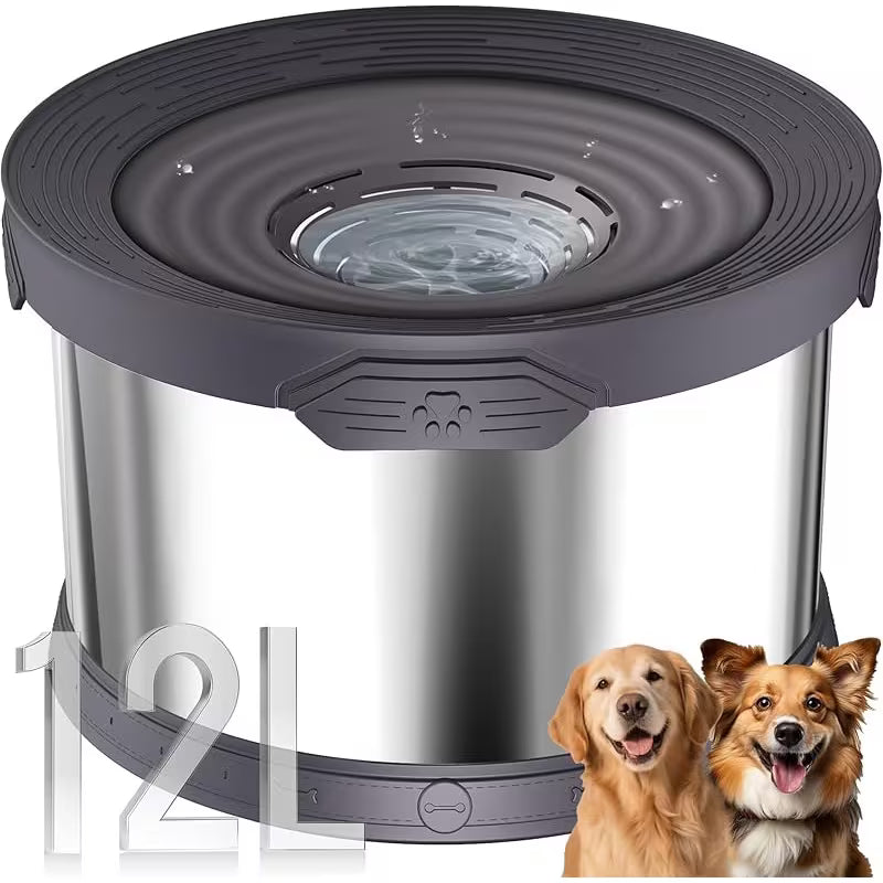 12L/3.17Gal Stainless Steel Dog Water Bowl No Spill - Large Anti-Splash Slow Feeder, Non-Slip Base for Messy Drinkers, Indoor/Outdoor Gray Pet Bowl