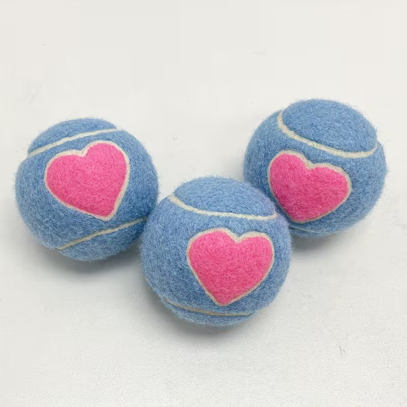 3-Pack Chew-Resistant Rubber Puppy Tennis Balls with Plush Furry Coating - Heart & Solid Color (Pink/Purple) Dog Toys,