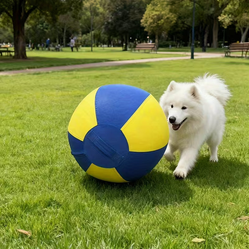 large dog interactive fetch ball, quick inflation, with handle and shoulder strap