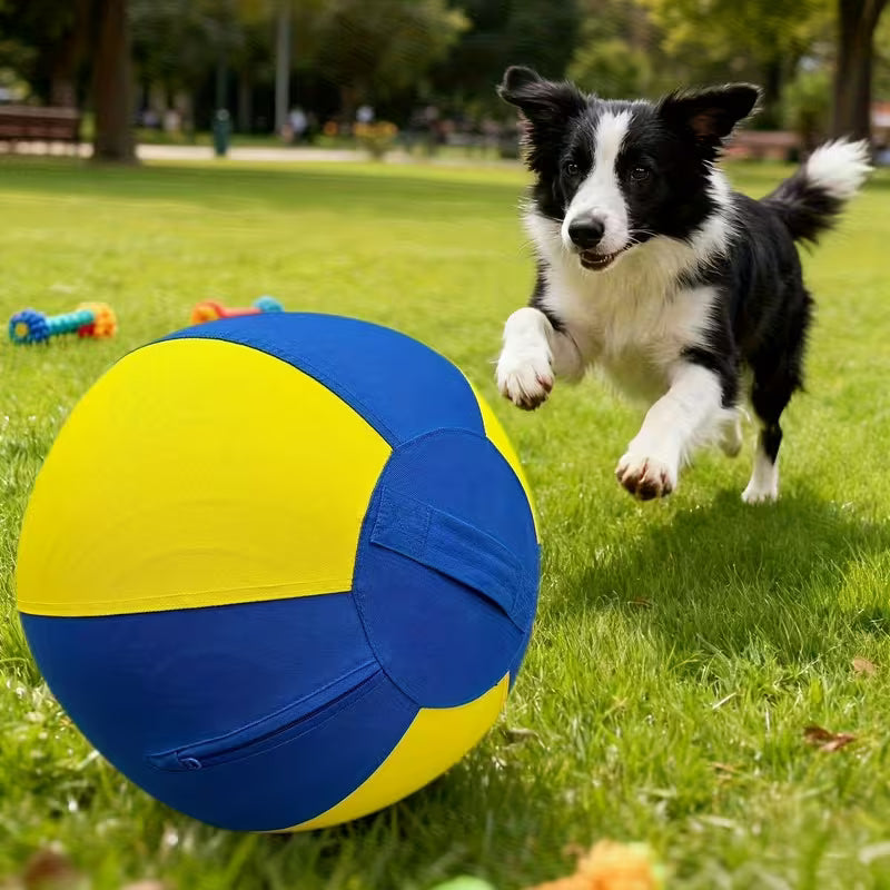 large dog interactive fetch ball, quick inflation, with handle and shoulder strap