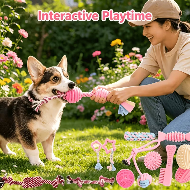 Pink Dog Chew Toy Set – Silicone Bite-Resistant Rope & Teeth Cleaning Toys