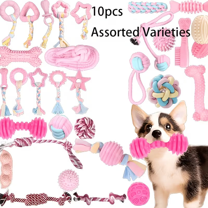 Pink Dog Chew Toy Set – Silicone Bite-Resistant Rope & Teeth Cleaning Toys