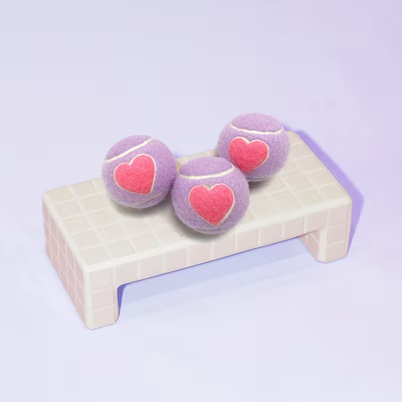 3-Pack Chew-Resistant Rubber Puppy Tennis Balls with Plush Furry Coating - Heart & Solid Color (Pink/Purple) Dog Toys,