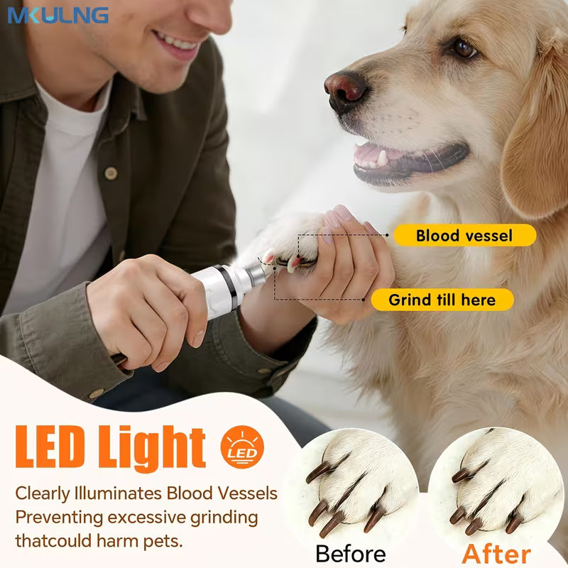 MKULNG Electric Powerful Three-Speed Dog Nail Grinder, Silent Cat Nail Clippers with Light,