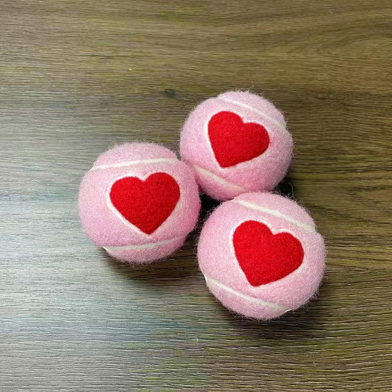 3-Pack Chew-Resistant Rubber Puppy Tennis Balls with Plush Furry Coating - Heart & Solid Color (Pink/Purple) Dog Toys,