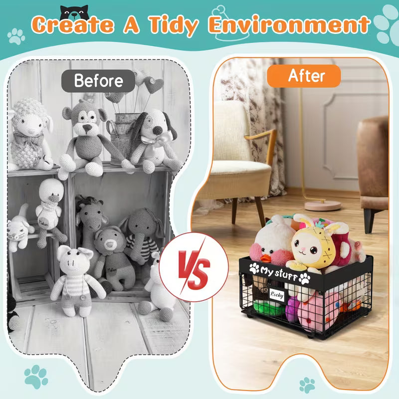 Large Dog Toy Basket with Wheels, Dog Toy Bin Metal Toy Storage Box, Chew-Proof Storage Organizer for Pet Puppy Toys, Clothes, Food
