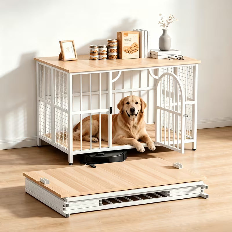 Foldable Wooden Dog Crate Furniture with Storage Top
