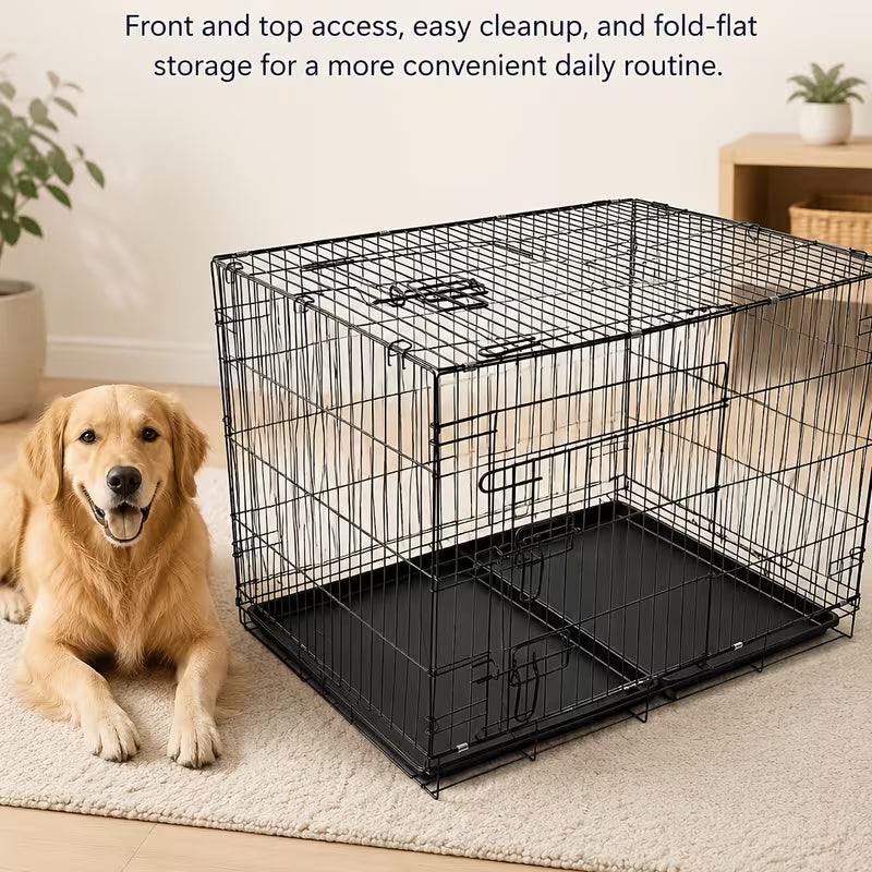 Double-Door Folding Metal Dog & Cat Cage – With Dividers & Trays
