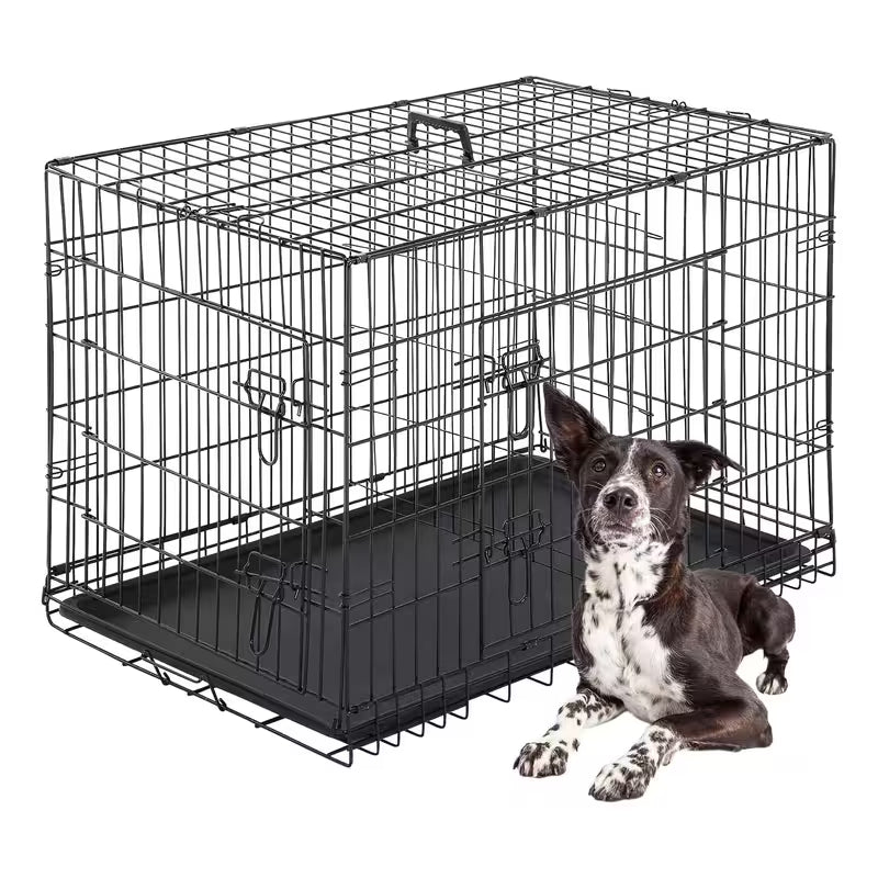 36/42 Inch Double-Door Folding Metal Dog Crate with Divider