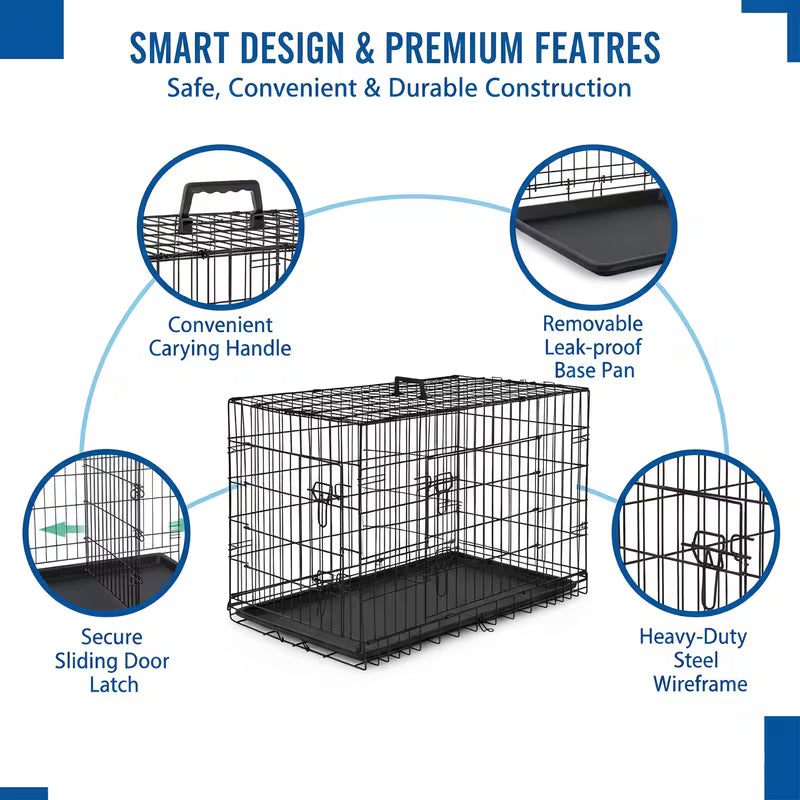 36/42 Inch Double-Door Folding Metal Dog Crate with Divider