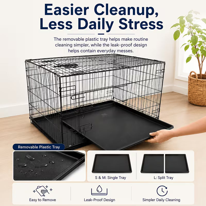 Double-Door Folding Metal Dog & Cat Cage – With Dividers & Trays