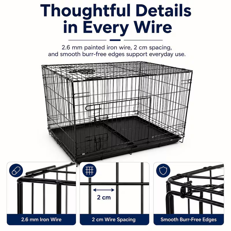 Double-Door Folding Metal Dog & Cat Cage – With Dividers & Trays