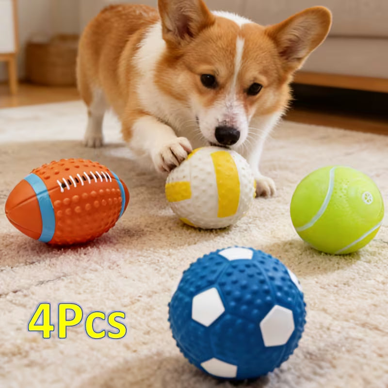 4pcs Sports Dog Chew Balls – Squeaky Bite-Resistant Training Toys