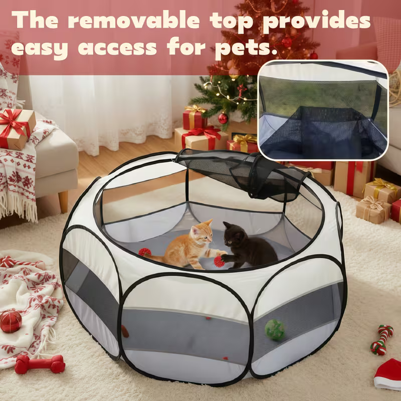 Foldable Hexagonal Pet Cage with Breathable Mesh