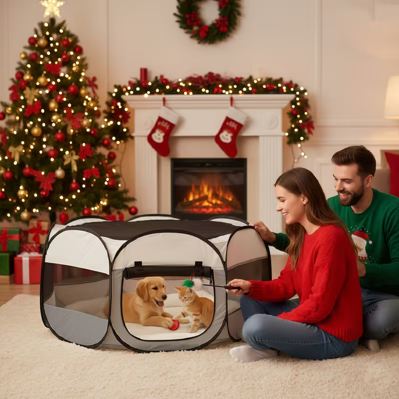 Foldable Hexagonal Pet Cage with Breathable Mesh