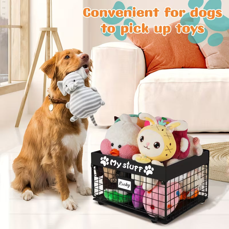 Large Dog Toy Basket with Wheels, Dog Toy Bin Metal Toy Storage Box, Chew-Proof Storage Organizer for Pet Puppy Toys, Clothes, Food