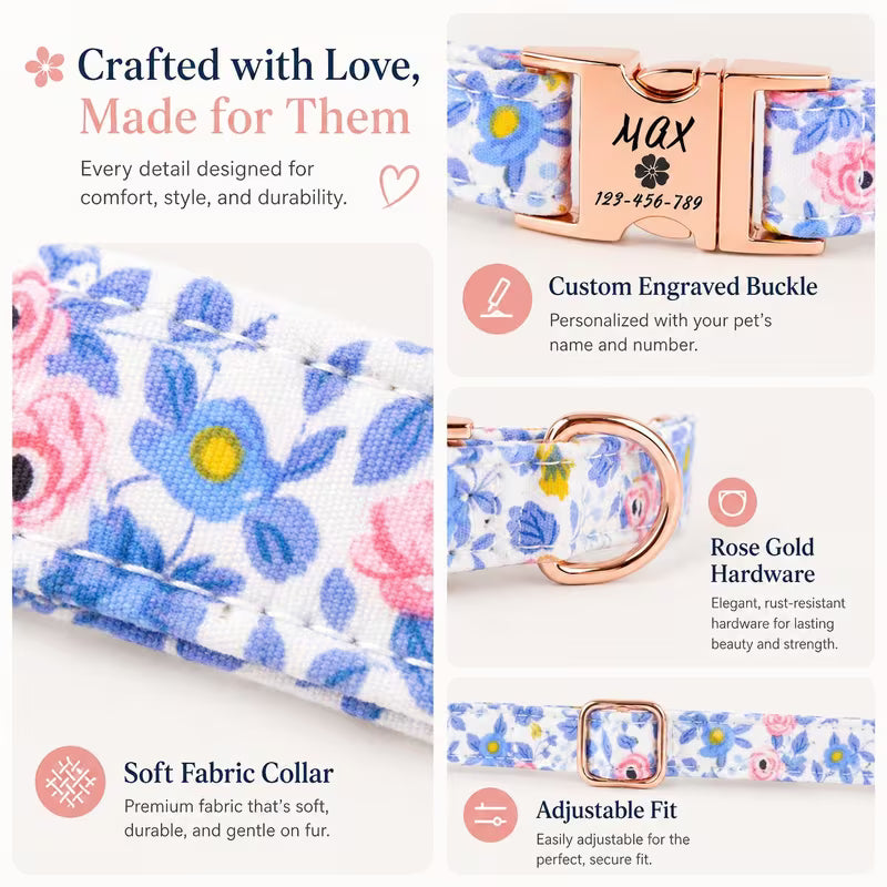 Personalized Floral Pet Collar – Custom Name & Phone ID for Dogs & Cats