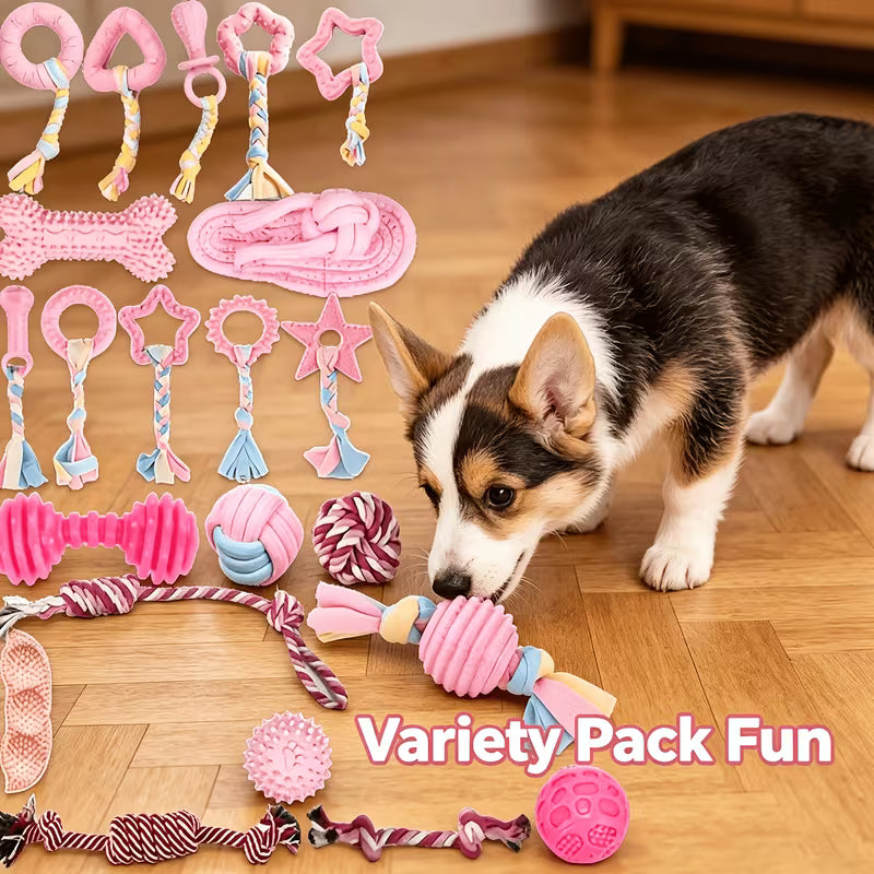 Pink Dog Chew Toy Set – Silicone Bite-Resistant Rope & Teeth Cleaning Toys