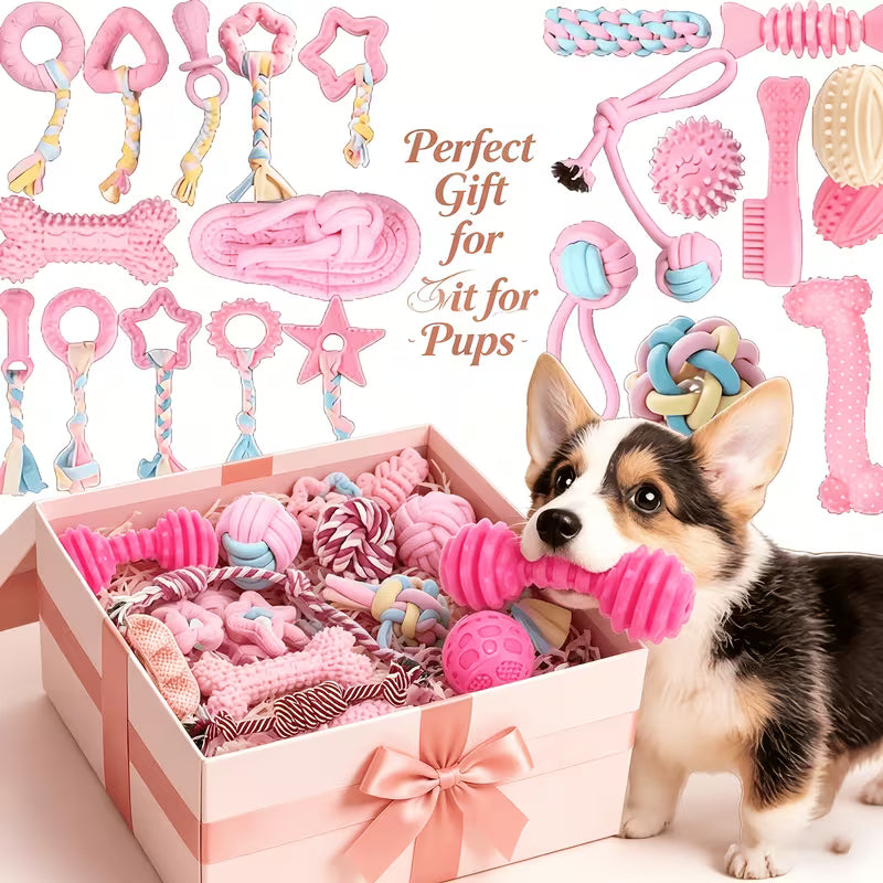 Pink Dog Chew Toy Set – Silicone Bite-Resistant Rope & Teeth Cleaning Toys