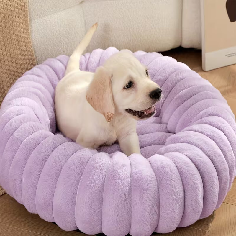 Cozy Round Plush Dog Bed - Winter Warmth for Small to Medium Breeds, Soft Polyester Pet Nest for Ultimate Comfort, Beige Design for Cozy Home Decor, Small Dog Bed