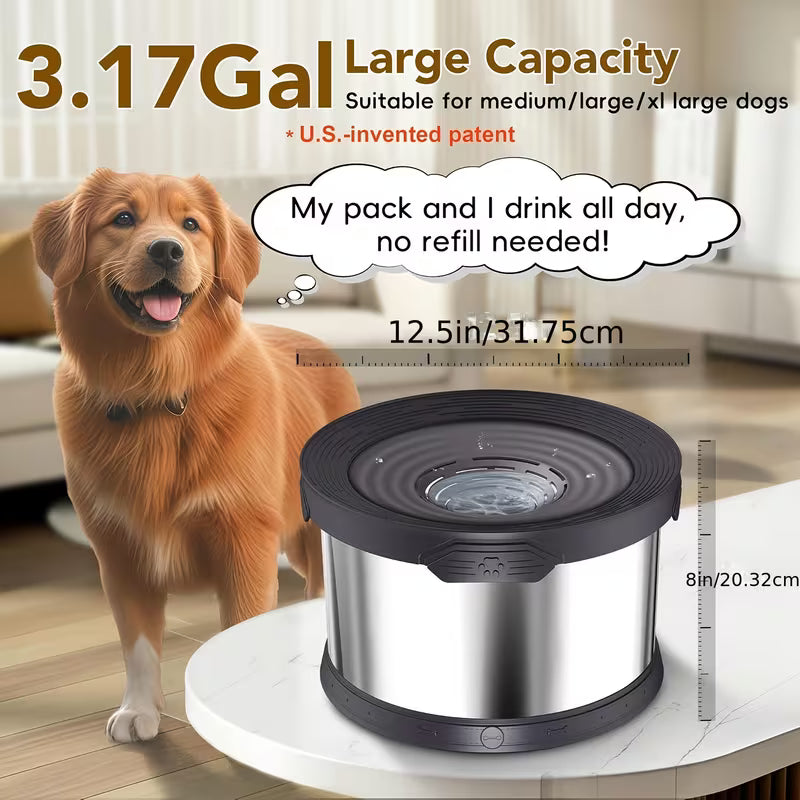 12L/3.17Gal Stainless Steel Dog Water Bowl No Spill - Large Anti-Splash Slow Feeder, Non-Slip Base for Messy Drinkers, Indoor/Outdoor Gray Pet Bowl