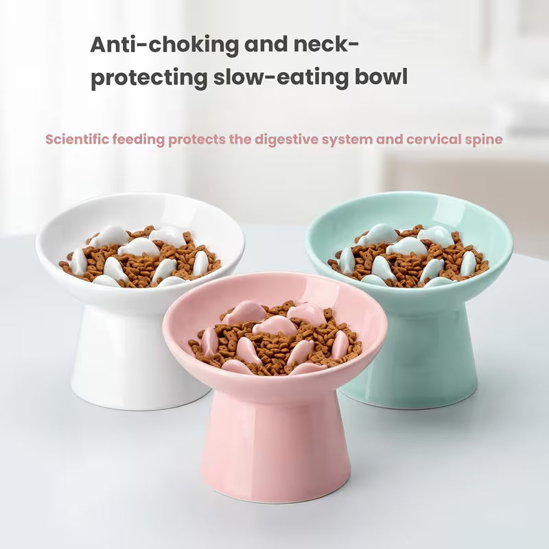 Ceramic Elevated Slow Feeder Cat Bowl – Raised Whisker-Friendly Puzzle Food Bowl for Cats & Small Dogs
