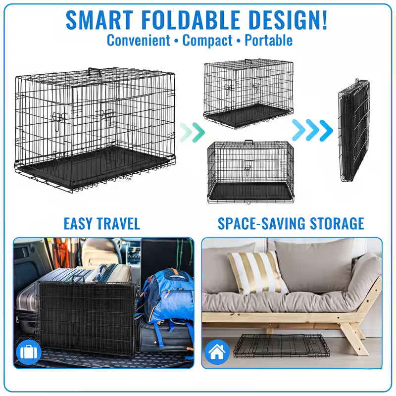 36/42 Inch Double-Door Folding Metal Dog Crate with Divider