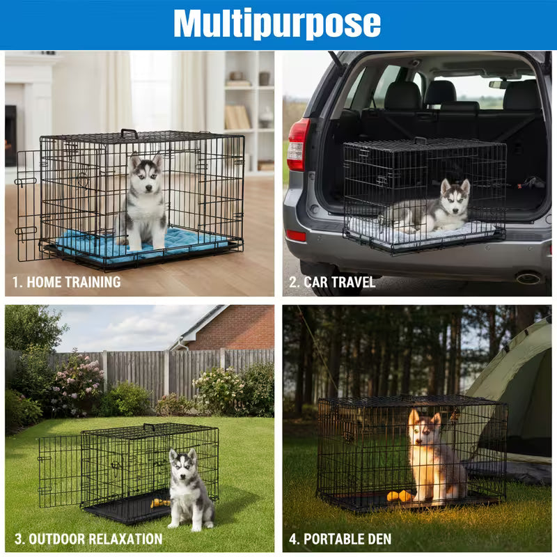 36/42 Inch Double-Door Folding Metal Dog Crate with Divider