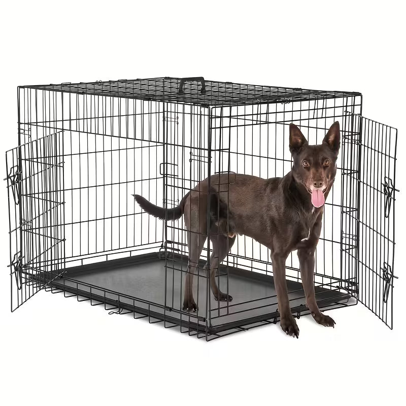 Double-Door Folding Metal Dog & Cat Cage – With Dividers & Trays