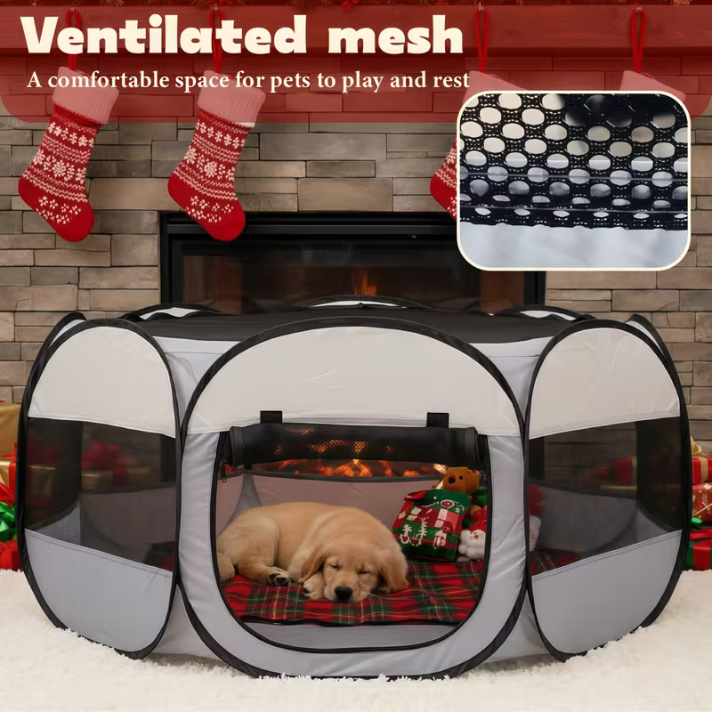 Foldable Hexagonal Pet Cage with Breathable Mesh