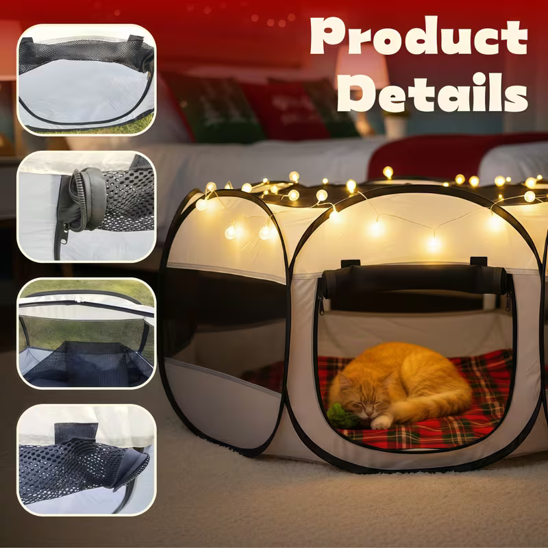 Foldable Hexagonal Pet Cage with Breathable Mesh
