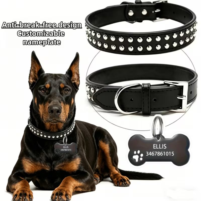 Black Studded Dog Collar with Custom Bone Name Tag | Adjustable Leather-Style Pet Collar with Metal Buckle & D-Ring