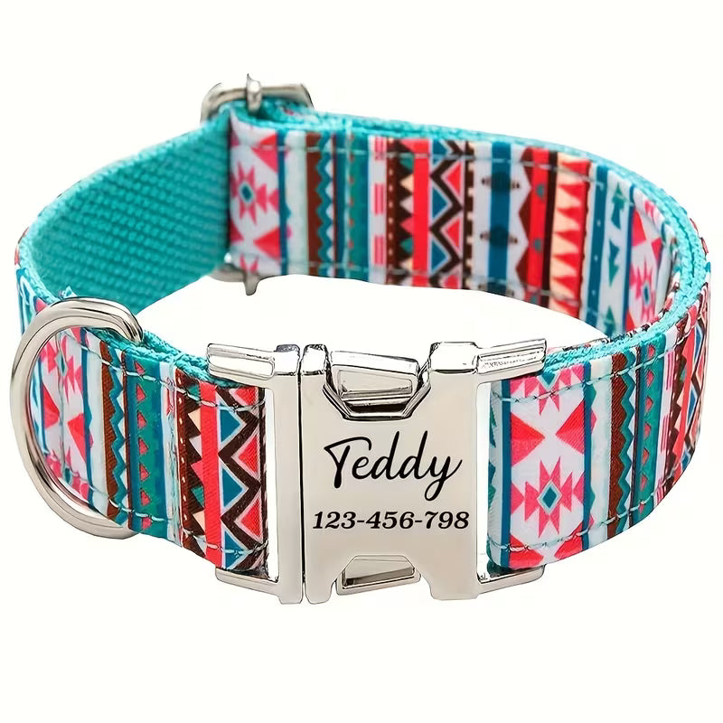 Custom Engraved Dog Collar with Personalized Name & Phone Number ID Tag – Vibrant Geometric Pattern, Adjustable Durable Polyester Collar for Small to Large Breeds