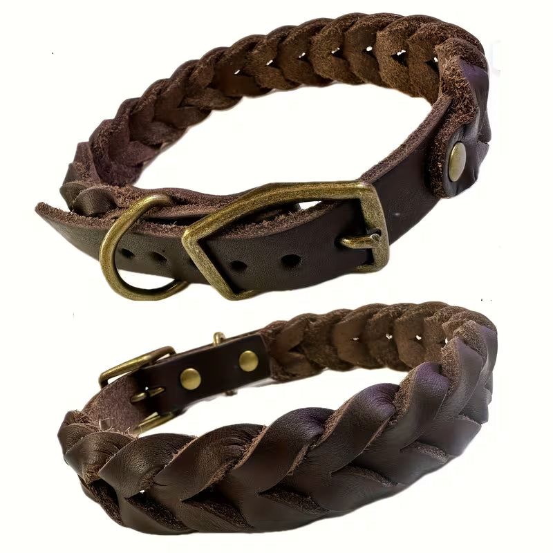 Braided Cowhide Dog Collar with Metal Buckle