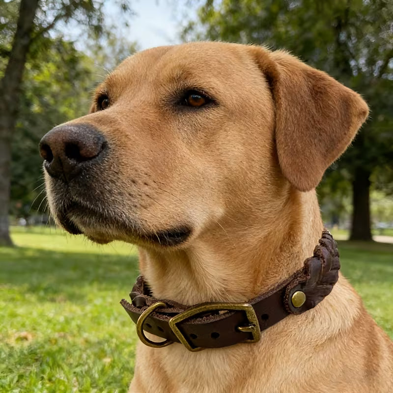 Braided Cowhide Dog Collar with Metal Buckle