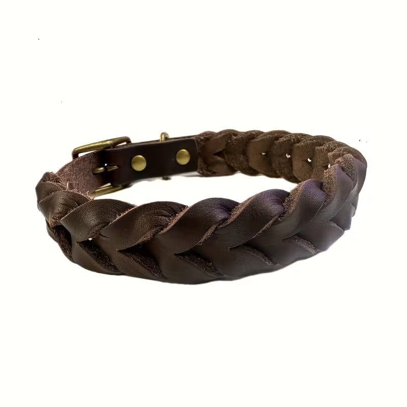 Braided Cowhide Dog Collar with Metal Buckle
