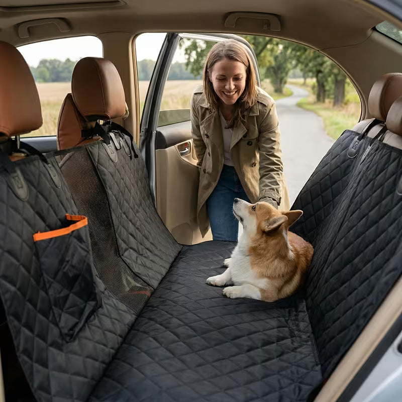 Orange Pocket Black Mesh Car Rear Pet Mat – Multi-Pocket Dog Travel Seat Cover, Scratch-Resistant & Easy Clean
