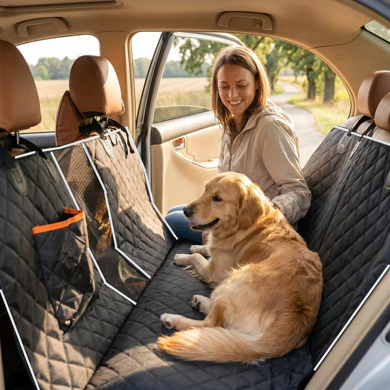 Orange Pocket Black Mesh Car Rear Pet Mat – Multi-Pocket Dog Travel Seat Cover, Scratch-Resistant & Easy Clean