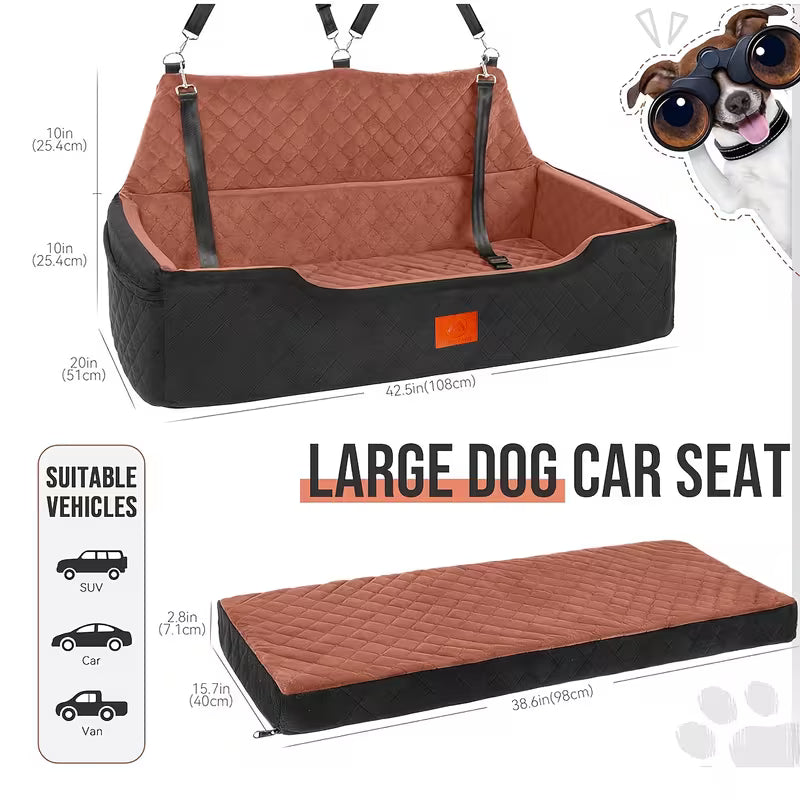 Full-Size Car Pet Seat for Back Seat – Removable Washable Dog & Cat Travel Bed with Safety Belt